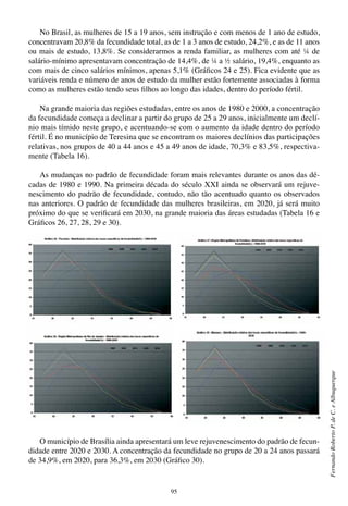95
FernandoRobertoP.deC.eAlbuquerque
No Brasil, as mulheres de 15 a 19 anos, sem instrução e com menos de 1 ano de estudo,
concentravam 20,8% da fecundidade total, as de 1 a 3 anos de estudo, 24,2%, e as de 11 anos
ou mais de estudo, 13,8%. Se considerarmos a renda familiar, as mulheres com até ¼ de
salário-mínimo apresentavam concentração de 14,4%, de ¼ a ½ salário, 19,4%, enquanto as
com mais de cinco salários mínimos, apenas 5,1% (Gráficos 24 e 25). Fica evidente que as
variáveis renda e número de anos de estudo da mulher estão fortemente associadas à forma
como as mulheres estão tendo seus filhos ao longo das idades, dentro do período fértil.
Na grande maioria das regiões estudadas, entre os anos de 1980 e 2000, a concentração
da fecundidade começa a declinar a partir do grupo de 25 a 29 anos, inicialmente um declí-
nio mais tímido neste grupo, e acentuando-se com o aumento da idade dentro do período
fértil. É no município de Teresina que se encontram os maiores declínios das participações
relativas, nos grupos de 40 a 44 anos e 45 a 49 anos de idade, 70,3% e 83,5%, respectiva-
mente (Tabela 16).
As mudanças no padrão de fecundidade foram mais relevantes durante os anos das dé-
cadas de 1980 e 1990. Na primeira década do século XXI ainda se observará um rejuve-
nescimento do padrão de fecundidade, contudo, não tão acentuado quanto os observados
nas anteriores. O padrão de fecundidade das mulheres brasileiras, em 2020, já será muito
próximo do que se verificará em 2030, na grande maioria das áreas estudadas (Tabela 16 e
Gráficos 26, 27, 28, 29 e 30).
O município de Brasília ainda apresentará um leve rejuvenescimento do padrão de fecun-
didade entre 2020 e 2030. A concentração da fecundidade no grupo de 20 a 24 anos passará
de 34,9%, em 2020, para 36,3%, em 2030 (Gráfico 30).
￼
 