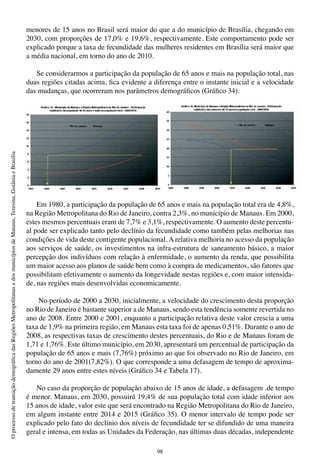 98
OprocessodetransiçãodemográficadasRegiõesMetropolitanasedosmunicípiosdeManaus,Teresina,GoiâniaeBrasília
menores de 15 anos no Brasil será maior do que a do município de Brasília, chegando em
2030, com proporções de 17,0% e 19,6%, respectivamente. Este comportamento pode ser
explicado porque a taxa de fecundidade das mulheres residentes em Brasília será maior que
a média nacional, em torno do ano de 2010.
Se considerarmos a participação da população de 65 anos e mais na população total, nas
duas regiões citadas acima, fica evidente a diferença entre o instante inicial e a velocidade
das mudanças, que ocorreram nos parâmetros demográficos (Gráfico 34).
Em 1980, a participação da população de 65 anos e mais na população total era de 4,8%,
na Região Metropolitana do Rio de Janeiro, contra 2,3%, no município de Manaus. Em 2000,
estes mesmos percentuais eram de 7,7% e 3,1%, respectivamente. O aumento deste percentu-
al pode ser explicado tanto pelo declínio da fecundidade como também pelas melhorias nas
condições de vida deste contigente populacional. A relativa melhoria no acesso da população
aos serviços de saúde, os investimentos na infra-estrutura de saneamento básico, a maior
percepção dos indivíduos com relação à enfermidade, o aumento da renda, que possibilita
um maior acesso aos planos de saúde bem como à compra de medicamentos, são fatores que
possibilitam efetivamente o aumento da longevidade nestas regiões e, com maior intensida-
de, nas regiões mais desenvolvidas economicamente.
No período de 2000 a 2030, inicialmente, a velocidade do crescimento desta proporção
no Rio de Janeiro é bastante superior a de Manaus, sendo esta tendência somente revertida no
ano de 2008. Entre 2000 e 2001, enquanto a participação relativa deste valor crescia a uma
taxa de 1,9% na primeira região, em Manaus esta taxa foi de apenas 0,51%. Durante o ano de
2008, as respectivas taxas de crescimento destes percentuais, do Rio e de Manaus foram de
1,71 e 1,76%. Este último município, em 2030, apresentará um percentual de participação da
população de 65 anos e mais (7,76%) próximo ao que foi observado no Rio de Janeiro, em
torno do ano de 2001(7,82%). O que corresponde a uma defasagem de tempo de aproxima-
damente 29 anos entre estes níveis (Gráfico 34 e Tabela 17).
No caso da proporção de população abaixo de 15 anos de idade, a defasagem .de tempo
é menor. Manaus, em 2030, possuirá 19,4% de sua população total com idade inferior aos
15 anos de idade, valor este que será encontrado na Região Metropolitana do Rio de Janeiro,
em algum instante entre 2014 e 2015 (Gráfico 35). O menor intervalo de tempo pode ser
explicado pelo fato do declínio dos níveis de fecundidade ter se difundido de uma maneira
geral e intensa, em todas as Unidades da Federação, nas últimas duas décadas, independente
 