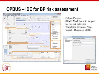OPBUS – IDE for BP risk assessment
                          • Eclipse Plug-in
                          • BPMN Modeller w...