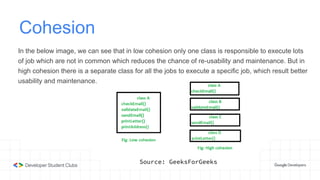 Cohesion
In the below image, we can see that in low cohesion only one class is responsible to execute lots
of job which are not in common which reduces the chance of re-usability and maintenance. But in
high cohesion there is a separate class for all the jobs to execute a specific job, which result better
usability and maintenance.
Source: GeeksForGeeks
 