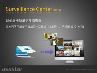 Surveillance Center (beta)
替伺服器新增更多攝影機
依系列不同最多可增加至十二頻道 （6系列）/ 八頻道 (3/2 系列)
 