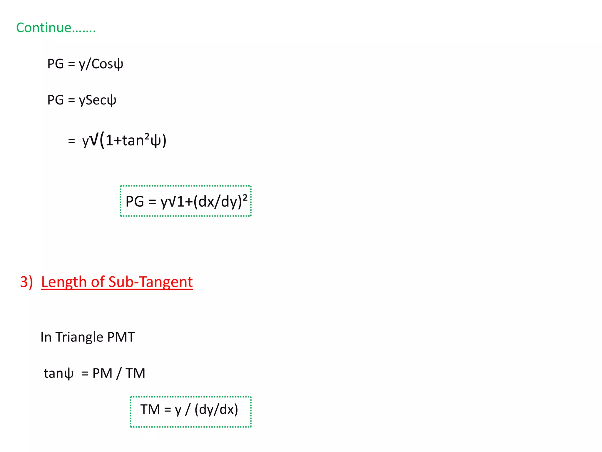 Continue…….
PG = y/Cosψ
PG = ySecψ
= y√(1+tan²ψ)
PG = y√1+(dx/dy)²
3) Length of Sub-Tangent
In Triangle PMT
tanψ = PM / TM
TM = y / (dy/dx)
 