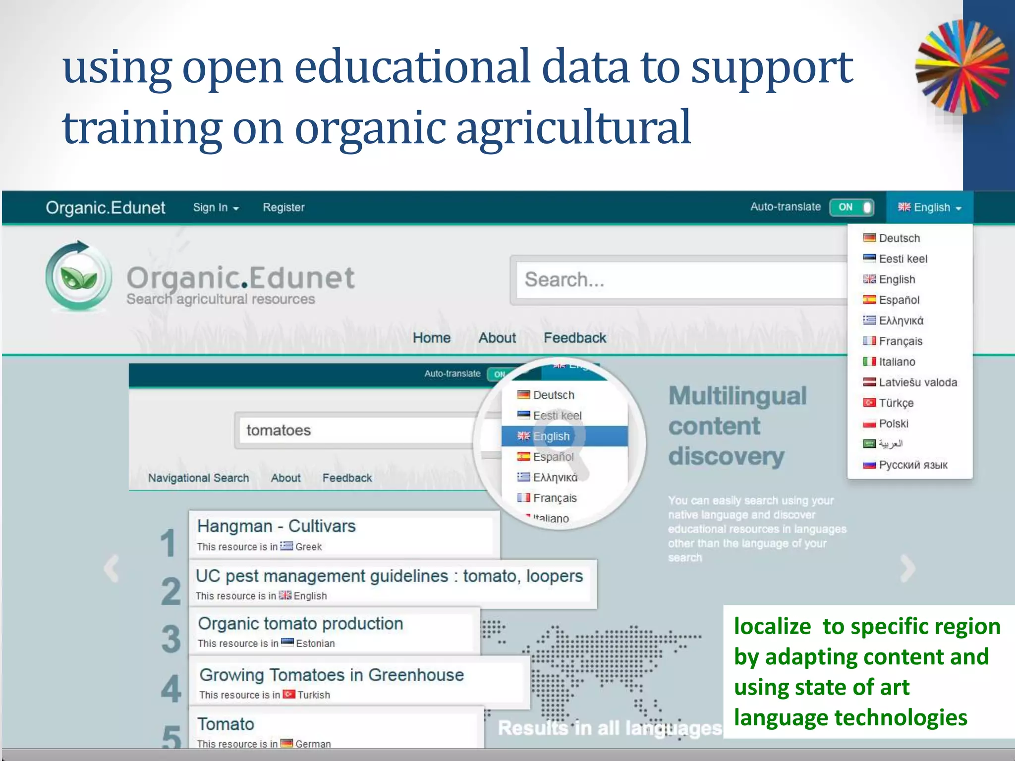 using open educational data to support
training on organic agricultural
localize to specific region
by adapting content and
using state of art
language technologies
 