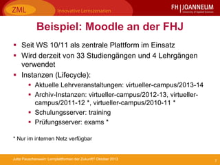 7Jutta Pauschenwein: Lernplattformen der Zukunft? Oktober 2013
Beispiel: Moodle an der FHJ
 Seit WS 10/11 als zentrale Plattform im Einsatz
 Wird derzeit von 33 Studiengängen und 4 Lehrgängen
verwendet
 Instanzen (Lifecycle):
 Aktuelle Lehrveranstaltungen: virtueller-campus/2013-14
 Archiv-Instanzen: virtueller-campus/2012-13, virtueller-
campus/2011-12 *, virtueller-campus/2010-11 *
 Schulungsserver: training
 Prüfungsserver: exams *
* Nur im internen Netz verfügbar
 