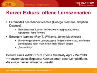 11Jutta Pauschenwein: Lernplattformen der Zukunft? Oktober 2013
Kurzer Exkurs: offene Lernszenarien
 Lernmodell des Konne...