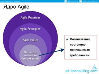 Ядро Agile 
● Соответствие 
постоянно 
меняющимся 
требованиям 
 