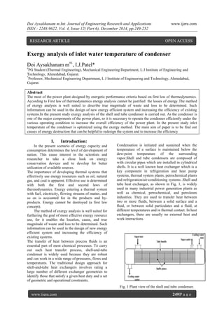 Doi Aysakhanam m Int. Journal of Engineering Research and Applications www.ijera.com
ISSN : 2248-9622, Vol. 4, Issue 12( Part 6), December 2014, pp.249-252
www.ijera.com 249|P a g e
Exergy analysis of inlet water temperature of condenser
Doi Aysakhanam m#1
, I.J.Patel*
#
PG Student (Thermal Engineering), Mechanical Engineering Department, L J Institute of Engineering and
Technology, Ahmedabad, Gujarat.
*
Professor, Mechanical Engineering Department, L J Institute of Engineering and Technology, Ahmedabad,
Gujarat.
Abstract
The most of the power plant designed by energetic performance criteria based on first law of thermodynamics.
According to First law of thermodynamics energy analysis cannot be justified the losses of energy.The method
of exergy analysis is well suited to describe true magnitude of waste and loss to be determined. Such
information can be used in the design of new energy efficient system and increasing the efficiency of existing
systems.In the present study exergy analysis of the shell and tube condenser is carried out. As the condenser is
one of the major components of the power plant, so it is necessary to operate the condenser efficiently under the
various operating condition to increase the overall efficiency of the power plant. In the present study inlet
temperature of the condenser is optimized using the exergy method. The main aim of paper is to be find out
causes of energy destruction that can be helpful to redesign the system and to increase the efficiency
I. Introduction:
In the present scenario of energy capacity and
consumption determines the level of development of
nation. This cause interest in the scientists and
researcher to take a close look on energy
conservation devices and to develop for better
utilization of available sources.
The importance of developing thermal systems that
effectively use energy resources such as oil, natural
gas, and coal is apparent. Effective use is determined
with both the first and second laws of
thermodynamics. Energy entering a thermal system
with fuel, electricity, flowing streams of matter, and
so on is accounted for in the products and by-
products. Energy cannot be destroyed (a first law
concept).
The method of exergy analysis is well suited for
furthering the goal of more effective energy resource
use, for it enables the location, cause, and true
magnitude of waste and loss to be determined. Such
information can be used in the design of new energy
efficient system and increasing the efficiency of
existing systems.
The transfer of heat between process fluids is an
essential part of most chemical processes. To carry
out such heat transfer process, shell-and-tube
condenser is widely used because they are robust
and can work in a wide range of pressures, flows and
temperatures. The traditional design approach for
shell-and-tube heat exchangers involves rating a
large number of different exchanger geometries to
identify those that satisfy a given heat duty and a set
of geometric and operational constraints.
Condensation is initiated and sustained when the
temperature of a surface is maintained below the
dew-point temperature of the surrounding
vapor.Shell and tube condensers are composed of
with circular pipes which are installed in cylindrical
shells. It is a well known heat exchanger which is a
key component in refrigeration and heat pump
systems, thermal system plants, petrochemical plants
and refrigeration/air-conditioning systems .Shell and
tube heat exchanger, as shown in Fig. 1, is widely
used in many industrial power generation plants as
well as chemical, petrochemical, and petroleum
industries. They are used to transfer heat between
two or more fluids, between a solid surface and a
fluid, or between solid particulates and a fluid, at
different temperatures and in thermal contact. In heat
exchangers, there are usually no external heat and
work interactions.
Fig. 1 Plant view of the shell and tube condenser.
RESEARCH ARTICLE OPEN ACCESS
 