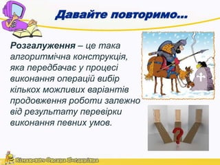 Давайте повторимо… 
Розгалуження – це така 
алгоритмічна конструкція, 
яка передбачає у процесі 
виконання операцій вибір 
кількох можливих варіантів 
продовження роботи залежно 
від результату перевірки 
виконання певних умов. 
 