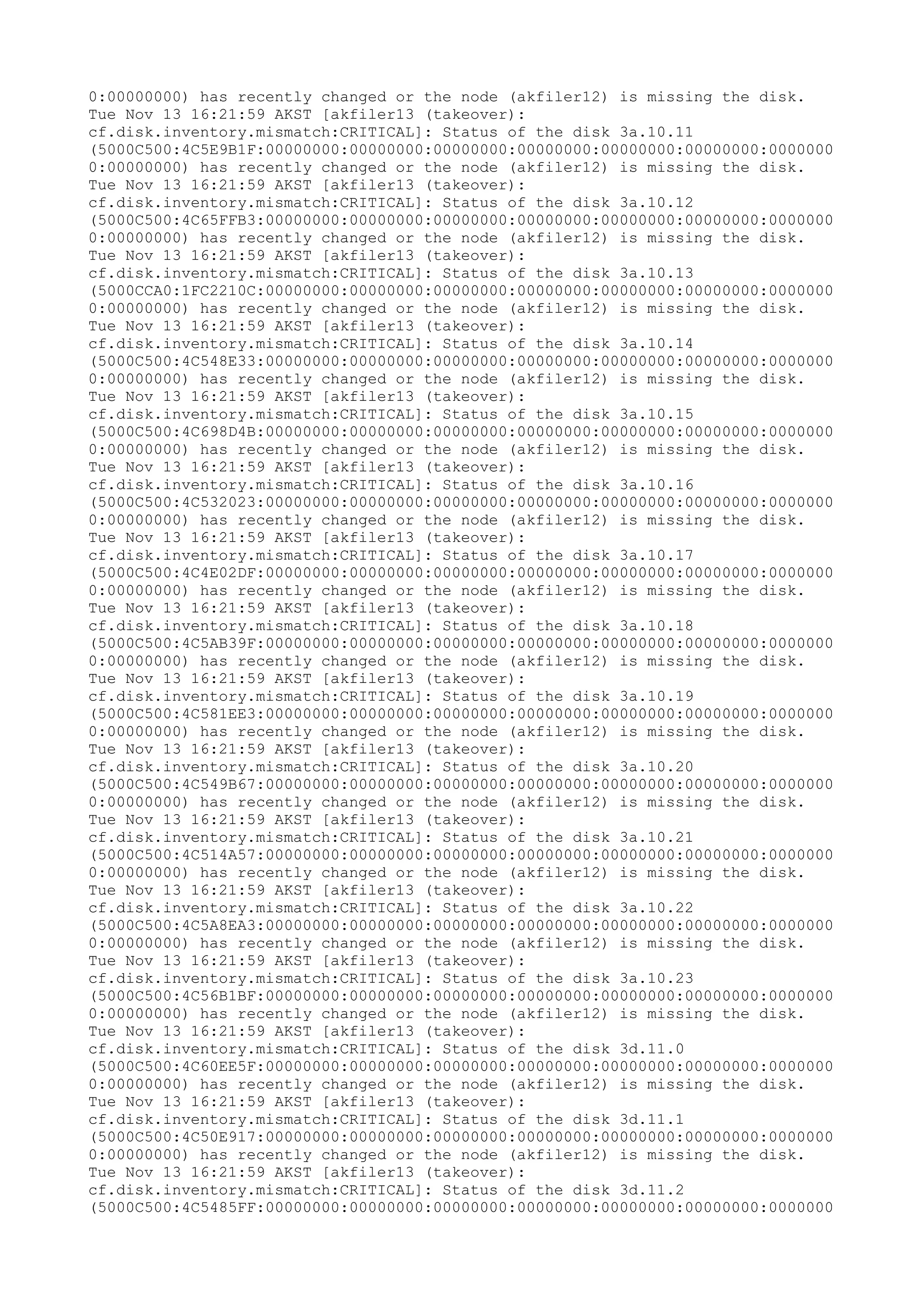 0:00000000) has recently changed or the node (akfiler12) is missing the disk.
Tue Nov 13 16:21:59 AKST [akfiler13 (takeover):
cf.disk.inventory.mismatch:CRITICAL]: Status of the disk 3a.10.11
(5000C500:4C5E9B1F:00000000:00000000:00000000:00000000:00000000:00000000:0000000
0:00000000) has recently changed or the node (akfiler12) is missing the disk.
Tue Nov 13 16:21:59 AKST [akfiler13 (takeover):
cf.disk.inventory.mismatch:CRITICAL]: Status of the disk 3a.10.12
(5000C500:4C65FFB3:00000000:00000000:00000000:00000000:00000000:00000000:0000000
0:00000000) has recently changed or the node (akfiler12) is missing the disk.
Tue Nov 13 16:21:59 AKST [akfiler13 (takeover):
cf.disk.inventory.mismatch:CRITICAL]: Status of the disk 3a.10.13
(5000CCA0:1FC2210C:00000000:00000000:00000000:00000000:00000000:00000000:0000000
0:00000000) has recently changed or the node (akfiler12) is missing the disk.
Tue Nov 13 16:21:59 AKST [akfiler13 (takeover):
cf.disk.inventory.mismatch:CRITICAL]: Status of the disk 3a.10.14
(5000C500:4C548E33:00000000:00000000:00000000:00000000:00000000:00000000:0000000
0:00000000) has recently changed or the node (akfiler12) is missing the disk.
Tue Nov 13 16:21:59 AKST [akfiler13 (takeover):
cf.disk.inventory.mismatch:CRITICAL]: Status of the disk 3a.10.15
(5000C500:4C698D4B:00000000:00000000:00000000:00000000:00000000:00000000:0000000
0:00000000) has recently changed or the node (akfiler12) is missing the disk.
Tue Nov 13 16:21:59 AKST [akfiler13 (takeover):
cf.disk.inventory.mismatch:CRITICAL]: Status of the disk 3a.10.16
(5000C500:4C532023:00000000:00000000:00000000:00000000:00000000:00000000:0000000
0:00000000) has recently changed or the node (akfiler12) is missing the disk.
Tue Nov 13 16:21:59 AKST [akfiler13 (takeover):
cf.disk.inventory.mismatch:CRITICAL]: Status of the disk 3a.10.17
(5000C500:4C4E02DF:00000000:00000000:00000000:00000000:00000000:00000000:0000000
0:00000000) has recently changed or the node (akfiler12) is missing the disk.
Tue Nov 13 16:21:59 AKST [akfiler13 (takeover):
cf.disk.inventory.mismatch:CRITICAL]: Status of the disk 3a.10.18
(5000C500:4C5AB39F:00000000:00000000:00000000:00000000:00000000:00000000:0000000
0:00000000) has recently changed or the node (akfiler12) is missing the disk.
Tue Nov 13 16:21:59 AKST [akfiler13 (takeover):
cf.disk.inventory.mismatch:CRITICAL]: Status of the disk 3a.10.19
(5000C500:4C581EE3:00000000:00000000:00000000:00000000:00000000:00000000:0000000
0:00000000) has recently changed or the node (akfiler12) is missing the disk.
Tue Nov 13 16:21:59 AKST [akfiler13 (takeover):
cf.disk.inventory.mismatch:CRITICAL]: Status of the disk 3a.10.20
(5000C500:4C549B67:00000000:00000000:00000000:00000000:00000000:00000000:0000000
0:00000000) has recently changed or the node (akfiler12) is missing the disk.
Tue Nov 13 16:21:59 AKST [akfiler13 (takeover):
cf.disk.inventory.mismatch:CRITICAL]: Status of the disk 3a.10.21
(5000C500:4C514A57:00000000:00000000:00000000:00000000:00000000:00000000:0000000
0:00000000) has recently changed or the node (akfiler12) is missing the disk.
Tue Nov 13 16:21:59 AKST [akfiler13 (takeover):
cf.disk.inventory.mismatch:CRITICAL]: Status of the disk 3a.10.22
(5000C500:4C5A8EA3:00000000:00000000:00000000:00000000:00000000:00000000:0000000
0:00000000) has recently changed or the node (akfiler12) is missing the disk.
Tue Nov 13 16:21:59 AKST [akfiler13 (takeover):
cf.disk.inventory.mismatch:CRITICAL]: Status of the disk 3a.10.23
(5000C500:4C56B1BF:00000000:00000000:00000000:00000000:00000000:00000000:0000000
0:00000000) has recently changed or the node (akfiler12) is missing the disk.
Tue Nov 13 16:21:59 AKST [akfiler13 (takeover):
cf.disk.inventory.mismatch:CRITICAL]: Status of the disk 3d.11.0
(5000C500:4C60EE5F:00000000:00000000:00000000:00000000:00000000:00000000:0000000
0:00000000) has recently changed or the node (akfiler12) is missing the disk.
Tue Nov 13 16:21:59 AKST [akfiler13 (takeover):
cf.disk.inventory.mismatch:CRITICAL]: Status of the disk 3d.11.1
(5000C500:4C50E917:00000000:00000000:00000000:00000000:00000000:00000000:0000000
0:00000000) has recently changed or the node (akfiler12) is missing the disk.
Tue Nov 13 16:21:59 AKST [akfiler13 (takeover):
cf.disk.inventory.mismatch:CRITICAL]: Status of the disk 3d.11.2
(5000C500:4C5485FF:00000000:00000000:00000000:00000000:00000000:00000000:0000000
 
