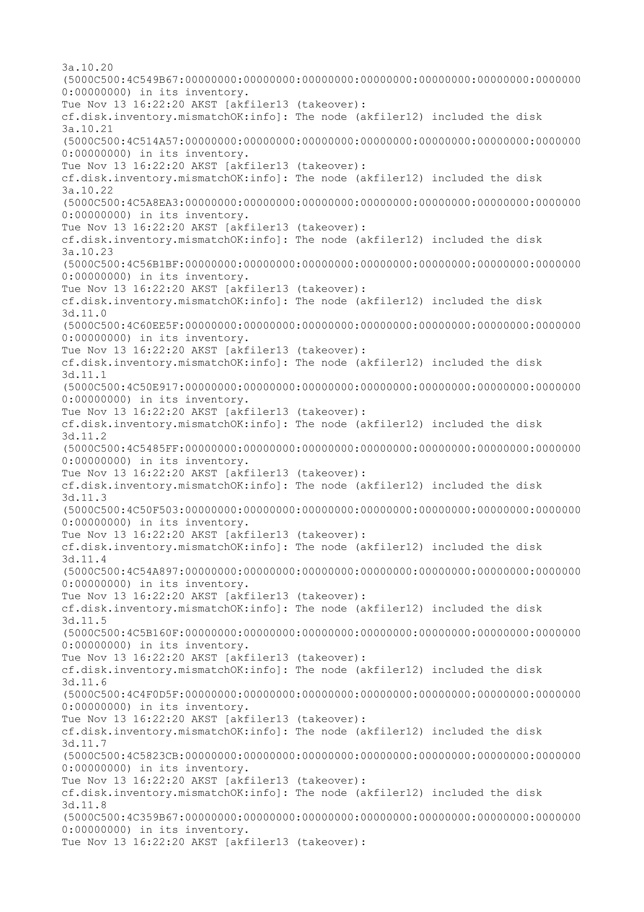 3a.10.20
(5000C500:4C549B67:00000000:00000000:00000000:00000000:00000000:00000000:0000000
0:00000000) in its inventory.
Tue Nov 13 16:22:20 AKST [akfiler13 (takeover):
cf.disk.inventory.mismatchOK:info]: The node (akfiler12) included the disk
3a.10.21
(5000C500:4C514A57:00000000:00000000:00000000:00000000:00000000:00000000:0000000
0:00000000) in its inventory.
Tue Nov 13 16:22:20 AKST [akfiler13 (takeover):
cf.disk.inventory.mismatchOK:info]: The node (akfiler12) included the disk
3a.10.22
(5000C500:4C5A8EA3:00000000:00000000:00000000:00000000:00000000:00000000:0000000
0:00000000) in its inventory.
Tue Nov 13 16:22:20 AKST [akfiler13 (takeover):
cf.disk.inventory.mismatchOK:info]: The node (akfiler12) included the disk
3a.10.23
(5000C500:4C56B1BF:00000000:00000000:00000000:00000000:00000000:00000000:0000000
0:00000000) in its inventory.
Tue Nov 13 16:22:20 AKST [akfiler13 (takeover):
cf.disk.inventory.mismatchOK:info]: The node (akfiler12) included the disk
3d.11.0
(5000C500:4C60EE5F:00000000:00000000:00000000:00000000:00000000:00000000:0000000
0:00000000) in its inventory.
Tue Nov 13 16:22:20 AKST [akfiler13 (takeover):
cf.disk.inventory.mismatchOK:info]: The node (akfiler12) included the disk
3d.11.1
(5000C500:4C50E917:00000000:00000000:00000000:00000000:00000000:00000000:0000000
0:00000000) in its inventory.
Tue Nov 13 16:22:20 AKST [akfiler13 (takeover):
cf.disk.inventory.mismatchOK:info]: The node (akfiler12) included the disk
3d.11.2
(5000C500:4C5485FF:00000000:00000000:00000000:00000000:00000000:00000000:0000000
0:00000000) in its inventory.
Tue Nov 13 16:22:20 AKST [akfiler13 (takeover):
cf.disk.inventory.mismatchOK:info]: The node (akfiler12) included the disk
3d.11.3
(5000C500:4C50F503:00000000:00000000:00000000:00000000:00000000:00000000:0000000
0:00000000) in its inventory.
Tue Nov 13 16:22:20 AKST [akfiler13 (takeover):
cf.disk.inventory.mismatchOK:info]: The node (akfiler12) included the disk
3d.11.4
(5000C500:4C54A897:00000000:00000000:00000000:00000000:00000000:00000000:0000000
0:00000000) in its inventory.
Tue Nov 13 16:22:20 AKST [akfiler13 (takeover):
cf.disk.inventory.mismatchOK:info]: The node (akfiler12) included the disk
3d.11.5
(5000C500:4C5B160F:00000000:00000000:00000000:00000000:00000000:00000000:0000000
0:00000000) in its inventory.
Tue Nov 13 16:22:20 AKST [akfiler13 (takeover):
cf.disk.inventory.mismatchOK:info]: The node (akfiler12) included the disk
3d.11.6
(5000C500:4C4F0D5F:00000000:00000000:00000000:00000000:00000000:00000000:0000000
0:00000000) in its inventory.
Tue Nov 13 16:22:20 AKST [akfiler13 (takeover):
cf.disk.inventory.mismatchOK:info]: The node (akfiler12) included the disk
3d.11.7
(5000C500:4C5823CB:00000000:00000000:00000000:00000000:00000000:00000000:0000000
0:00000000) in its inventory.
Tue Nov 13 16:22:20 AKST [akfiler13 (takeover):
cf.disk.inventory.mismatchOK:info]: The node (akfiler12) included the disk
3d.11.8
(5000C500:4C359B67:00000000:00000000:00000000:00000000:00000000:00000000:0000000
0:00000000) in its inventory.
Tue Nov 13 16:22:20 AKST [akfiler13 (takeover):
 