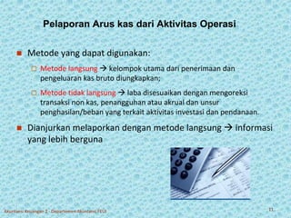 Pelaporan Arus kas dari Aktivitas Operasi 
 Metode yang dapat digunakan: 
 Metode langsung  kelompok utama dari penerimaan dan 
pengeluaran kas bruto diungkapkan; 
 Metode tidak langsung  laba disesuaikan dengan mengoreksi 
transaksi non kas, penangguhan atau akrual dan unsur 
penghasilan/beban yang terkait aktivitas investasi dan pendanaan. 
 Dianjurkan melaporkan dengan metode langsung  informasi 
yang lebih berguna 
Akuntansi Keuangan 2 - Departemen Akuntansi FEUI 11 
 