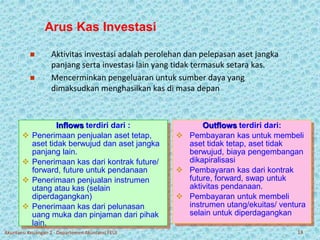 Arus Kas Investasi 
 Aktivitas investasi adalah perolehan dan pelepasan aset jangka 
panjang serta investasi lain yang tidak termasuk setara kas. 
 Mencerminkan pengeluaran untuk sumber daya yang 
dimaksudkan menghasilkan kas di masa depan 
Outflows terdiri dari: 
 Pembayaran kas untuk membeli 
aset tidak tetap, aset tidak 
berwujud, biaya pengembangan 
dikapiralisasi 
 Pembayaran kas dari kontrak 
future, forward, swap untuk 
aktivitas pendanaan. 
 Pembayaran untuk membeli 
instrumen utang/ekuitas/ ventura 
selain untuk diperdagangkan 
Inflows terdiri dari : 
 Penerimaan penjualan aset tetap, 
aset tidak berwujud dan aset jangka 
panjang lain. 
 Penerimaan kas dari kontrak future/ 
forward, future untuk pendanaan 
 Penerimaan penjualan instrumen 
utang atau kas (selain 
diperdagangkan) 
 Penerimaan kas dari pelunasan 
uang muka dan pinjaman dari pihak 
lain. 
Akuntansi Keuangan 2 - Departemen Akuntansi FEUI 13 
 