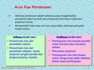 Arus Kas Pendanaan 
 Aktivitas pendanaan adalah aktivitas yang mengakibatkan 
perubahan dalam jumlah serta komposisi kontribusi modal dan 
pinjaman entitas 
 Memprediksi klaim atas arus kas masa depan oleh para penyedia 
modal entitas 
Outflows terdiri dari: 
 Pembayaran kas kepada pemiliki 
untuk menarik atau menebus 
saham. 
 Pelunasan pinjaman 
 Pembayaran kas oleh lessee 
untuk mengurangi saldo liabilitas 
terkait sewa pembiayaan 
Inflows terdiri dari : 
 Penerimaan kas dari 
penerbitan saham. 
 Penerimaan kas dari 
penerbitan obligasi, wesel, 
pinjaman jangka pendek dan 
jangka panjang, hipotek, 
Akuntansi Keuangan 2 - Departemen Akuntansi FEUI 14 
 