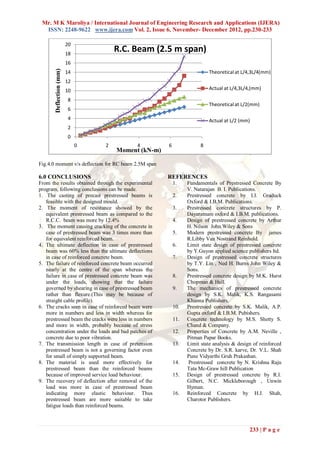 Mr. M K Maroliya / International Journal of Engineering Research and Applications (IJERA)
  ISSN: 2248-9622 www.ijera.com Vol. 2, Issue 6, November- December 2012, pp.230-233

                         20
                         18
                                      R.C. Beam (2.5 m span)
                         16
       Deflection (mm)

                         14                                               Theoretical at L/4,3L/4(mm)
                         12
                         10                                               Actual at L/4,3L/4,(mm)

                         8
                                                                          Theoretical at L/2(mm)
                         6
                         4                                                Actual at L/2 (mm)
                         2
                         0
                              0   2         4         6               8
                                      Moment (kN-m)

Fig.4.0 moment v/s deflection for RC beam 2.5M span

6.0 CONCLUSIONS                                       REFERENCES
From the results obtained through the experimental        1.    Fundamentals of Prestressed Concrete By
program, following conclusions can be made.                     V. Natarajan B. I. Publications.
1. The casting of precast prestressed beams is            2.    Prestressed concrete by I.I. Graduck
   feasible with the designed mould.                            Oxford & I.B.M. Publications.
2. The moment of resistance showed by the                 3.    Prestressed concrete structures by P.
   equivalent prestressed beam as compared to the               Dayaratnam oxford & I.B.M. publications.
   R.C.C. beam was more by 12.4%                          4.    Design of prestressed concrete by Arthur
3. The moment causing cracking of the concrete in               H. Nilson John Wiley & Sons
   case of prestressed beam was 3 times more than         5.    Modern prestressed concrete By james
   for equivalent reinforced beam.                              R.Libby Van Nostrand Reinhold.
4. The ultimate deflection in case of prestressed         6.    Limit state design of prestressed concrete
   beam was 60% less than the ultimate deflections              by Y.Guyon applied science publishers ltd.
   in case of reinforced concrete beam.                   7.    Design of prestressed concrete structures
5. The failure of reinforced concrete beam occurred             by T.Y. Lin , Ned H. Burns John Wiley &
   nearly at the centre of the span whereas the                 Sons.
   failure in case of prestressed concrete beam was       8.    Prestressed concrete design by M.K. Hurst
   under the loads, showing that the failure                    Chopman & Hall.
   governed by shearing in case of prestressed beam       9.    The mechanics of prestressed concrete
   rather than flexure.(This may be because of                  design by S.K. Malik, K.S. Rangasami
   straight cable profile).                                     Khanna Publishers.
6. The cracks seen in case of reinforced beam were        10.   Prestressed concrete by S.K. Malik, A.P.
   more in numbers and less in width whereas for                Gupta oxford & I.B.M. Pubishers.
   prestressed beam the cracks were less in numbers       11.   Concrete technology by M.S. Shetty S.
   and more in width, probably because of stress                Chand & Company.
   concentration under the loads and bad patches of       12.   Properties of Concrete by A.M. Neville ,
   concrete due to poor vibration.                              Pitman Papar Books.
7. The transmission length in case of pretension          13.   Limit state analysis & design of reinforced
   prestressed beam is not a governing factor even              Concrete by Dr. S.R. karve, Dr. V.L. Shah
   for small of simply supported beam.                          Pune Vidyarthi Gruh Prakashan.
8. The material is used more effectively for              14.   Prestressed concrete by N. Krishna Raju
   prestressed beam than the reinforced beams                   Tata Mc-Graw hill Publication
   because of improved service load behaviour.            15.   Design of prestressed concrete by R.I.
9. The recovery of deflection after removal of the              Gilbert, N.C. Mickleborough , Unwin
   load was more in case of prestressed beam                    Hyman.
   indicating more elastic behaviour. Thus                16.   Reinforced Concrete by H.J. Shah,
   prestressed beam are more suitable to take                   Charotor Publishers.
   fatigue loads than reinforced beams.



                                                                                            233 | P a g e
 
