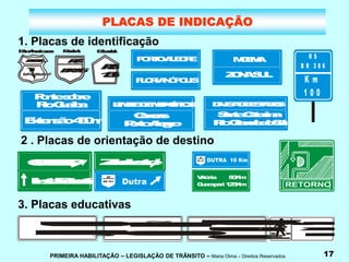 PRIMEIRA HABILITAÇÃO – LEGISLAÇÃO DE TRÂNSITO – Maria Olma – Direitos Reservados 17
PLACAS DE INDICAÇÃO
1. Placas de identificação
R
S
1
3
5
E
s
t
a
d
u
a
l
P
a
n
-
A
m
e
r
i
c
a
n
a
B
R
A
S
I
L
V
I
A
P
A
N
A
M
F
e
d
e
r
a
l
R
S
B
R
1
1
6
P
O
R
T
O
A
L
E
G
R
E
F
L
O
R
I
A
N
Ó
P
O
L
I
S
M
O
E
M
A
Z
O
N
A
S
U
L
R S
B R 3 8 6
K m
1 0 0
P
o
n
t
e
s
o
b
r
e
R
i
o
G
u
a
í
b
a
E
x
t
e
n
s
ã
o
4
5
0
m
L
I
M
I
T
E
D
E
M
U
N
C
Í
P
I
O
S
C
a
n
o
a
s
P
o
r
t
o
A
l
e
g
r
e
2 . Placas de orientação de destino
I
n
s
t
.
B
u
t
a
n
t
ã
C
E
A
G
E
S
P Z
o
n
a
L
e
s
t
e
3. Placas educativas
D
I
V
I
S
A
D
E
E
S
T
A
D
O
S
S
a
n
t
a
C
a
t
a
r
i
n
a
R
i
o
G
r
a
n
d
e
d
o
S
u
l
V
itó
ria 8
0
K
m
G
u
a
ra
p
a
ri 1
2
5
K
m
P
E
D
E
S
T
R
E
:
A
T
R
A
V
E
S
S
E
N
A
F
A
I
X
A
M
O
T
O
C
I
C
L
I
S
T
A
U
S
E
S
E
M
P
R
E
O
C
A
P
A
C
E
T
E
N
Ã
O
F
E
C
H
E
O
C
R
U
Z
A
M
E
N
T
O
U
S
E
O
C
I
N
T
O
D
E
S
E
G
U
R
A
N
Ç
A
 