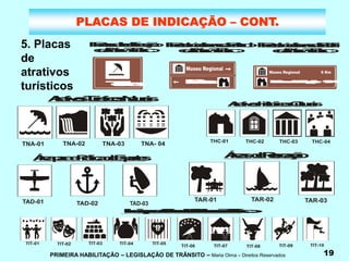PRIMEIRA HABILITAÇÃO – LEGISLAÇÃO DE TRÂNSITO – Maria Olma – Direitos Reservados 19
PLACAS DE INDICAÇÃO – CONT.
5. Placas
de
atrativos
turísticos
A
t
r
a
t
i
v
o
s
T
u
r
í
s
t
i
c
o
s
N
a
t
u
r
a
i
s
Á
r
e
a
p
a
r
a
a
P
r
á
t
i
c
a
d
e
E
s
p
o
r
t
e
s Á
r
e
a
s
d
e
R
e
c
r
e
a
ç
ã
o
L
o
c
a
i
s
p
a
r
a
A
t
i
v
i
d
a
d
e
s
d
e
I
n
t
e
r
e
s
s
e
T
u
r
í
s
t
i
c
o
1
º
A
t
r
a
t
i
v
o
s
H
i
s
t
ó
r
i
c
o
s
C
u
l
t
u
r
a
i
s
P
l
a
c
a
s
d
e
I
d
e
n
t
i
f
i
c
a
ç
ã
o
d
e
A
t
r
a
t
i
v
o
T
u
r
í
s
t
i
c
o
T
o
r
r
e
s
P
l
a
c
a
s
I
n
d
i
c
a
t
i
v
a
s
d
e
S
e
n
t
i
d
o
d
e
A
t
r
a
t
i
v
o
T
u
r
í
s
t
i
c
o
R
u
í
n
a
s
P
l
a
c
a
s
I
n
d
i
c
a
t
i
v
a
s
d
e
D
i
s
t
â
n
c
i
a
d
e
A
t
r
a
t
i
v
o
T
u
r
í
s
t
i
c
o
R
u
í
n
a
s
d
e
S
ã
o
M
i
g
u
e
l 9
K
m
 