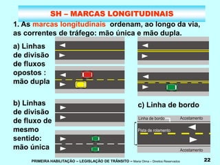 PRIMEIRA HABILITAÇÃO – LEGISLAÇÃO DE TRÂNSITO – Maria Olma – Direitos Reservados 22
SH – MARCAS LONGITUDINAIS
1. As marcas longitudinais ordenam, ao longo da via,
as correntes de tráfego: mão única e mão dupla.
a) Linhas
de divisão
de fluxos
opostos :
mão dupla
b) Linhas
de divisão
de fluxo de
mesmo
sentido:
mão única
c) Linha de bordo
 