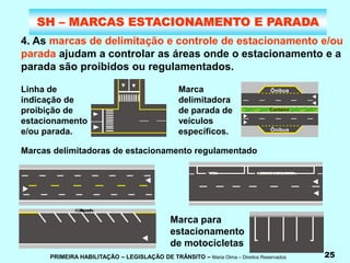PRIMEIRA HABILITAÇÃO – LEGISLAÇÃO DE TRÂNSITO – Maria Olma – Direitos Reservados 25
SH – MARCAS ESTACIONAMENTO E PARADA
4. As marcas de delimitação e controle de estacionamento e/ou
parada ajudam a controlar as áreas onde o estacionamento e a
parada são proibidos ou regulamentados.
C
a
l
ç
a
d
a
T
Á
X
I C
A
R
G
A
E
D
E
S
C
A
R
G
A
Marcas delimitadoras de estacionamento regulamentado
Linha de
indicação de
proibição de
estacionamento
e/ou parada.
Marca
delimitadora
de parada de
veículos
específicos.
Marca para
estacionamento
de motocicletas
 