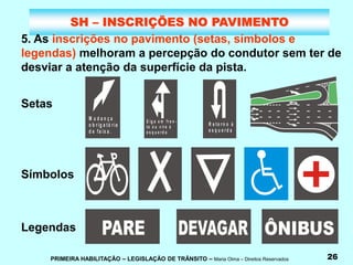 PRIMEIRA HABILITAÇÃO – LEGISLAÇÃO DE TRÂNSITO – Maria Olma – Direitos Reservados 26
SH – INSCRIÇÕES NO PAVIMENTO
5. As inscrições no pavimento (setas, símbolos e
legendas) melhoram a percepção do condutor sem ter de
desviar a atenção da superfície da pista.
M u d a n ç a
o b r ig a tó r ia
d e fa ix a .
S ig a e m fr e n -
te o u v ir e à
e s q u e r d a
R e to r n o à
e s q u e r d a
Setas
Símbolos
Legendas
 