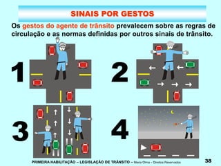 PRIMEIRA HABILITAÇÃO – LEGISLAÇÃO DE TRÂNSITO – Maria Olma – Direitos Reservados 38
SINAIS POR GESTOS
Os gestos do agente de trânsito prevalecem sobre as regras de
circulação e as normas definidas por outros sinais de trânsito.
1 2
3 4
 