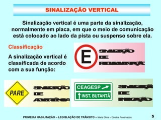 PRIMEIRA HABILITAÇÃO – LEGISLAÇÃO DE TRÂNSITO – Maria Olma – Direitos Reservados 5
SINALIZAÇÃO VERTICAL
Sinalização vertical é uma parte da sinalização,
normalmente em placa, em que o meio de comunicação
está colocado ao lado da pista ou suspenso sobre ela.
Classificação
A sinalização vertical é
classificada de acordo
com a sua função:
S
I
N
A
L
I
Z
A
Ç
Ã
O
D
E
R
E
G
U
L
A
M
E
N
T
A
Ç
Ã
O
S
I
N
A
L
I
Z
A
Ç
Ã
O
D
E
A
D
V
E
R
T
Ê
N
C
I
A
S
I
N
A
L
I
Z
A
Ç
Ã
O
D
E
I
N
D
I
C
A
Ç
Ã
O
 