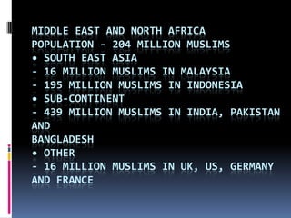 MIDDLE EAST AND NORTH AFRICA
POPULATION - 204 MILLION MUSLIMS
• SOUTH EAST ASIA
- 16 MILLION MUSLIMS IN MALAYSIA
- 195 MILLION MUSLIMS IN INDONESIA
• SUB-CONTINENT
- 439 MILLION MUSLIMS IN INDIA, PAKISTAN
AND
BANGLADESH
• OTHER
- 16 MILLION MUSLIMS IN UK, US, GERMANY
AND FRANCE
 