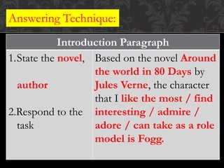 Answering Technique:
Introduction Paragraph
1.State the novel,
author
2.Respond to the
task
Based on the novel Around
the world in 80 Days by
Jules Verne, the character
that I like the most / find
interesting / admire /
adore / can take as a role
model is Fogg.
 