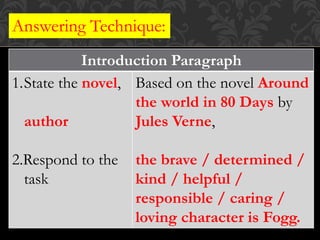 Answering Technique:
Introduction Paragraph
1.State the novel,
author
2.Respond to the
task
Based on the novel Around
the world in 80 Days by
Jules Verne,
the brave / determined /
kind / helpful /
responsible / caring /
loving character is Fogg.
 