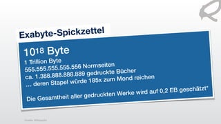 Quelle: Wikipedia
1018 Byte
1 Trillion Byte
555.555.555.555.556 Normseiten
ca. 1.388.888.888.889 gedruckte Bücher
… deren Stapel würde 185x zum Mond reichen
Die Gesamtheit aller gedruckten Werke wird auf 0,2 EB geschätzt*
Exabyte-Spickzettel
 