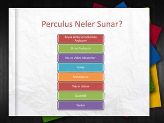 Perculus Neler Sunar?
Beyaz Tahta ve Döküman
Paylaşımı
Ekran Paylaşma
Ses ve Video Aktarımları
Anket
Mesajlaşma
Tekrar İzleme
Güvenlik
Yardım
 
