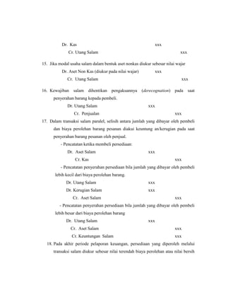 Dr. Kas xxx
Cr. Utang Salam xxx
15. Jika modal usaha salam dalam bentuk aset nonkas diukur sebesar nilai wajar
Dr. Aset Non Kas (diukur pada nilai wajar) xxx
Cr. Utang Salam xxx
16. Kewajiban salam dihentikan pengakuannya (derecognation) pada saat
penyerahan barang kepada pembeli.
Dr. Utang Salam xxx
Cr. Penjualan xxx
17. Dalam transaksi salam paralel, selisih antara jumlah yang dibayar oleh pembeli
dan biaya perolehan barang pesanan diakui keuntung an/kerugian pada saat
penyerahan barang pesanan oleh penjual.
- Pencatatan ketika membeli persediaan:
Dr. Aset Salam xxx
Cr. Kas xxx
- Pencatatan penyerahan persediaan bila jumlah yang dibayar oleh pembeli
lebih kecil dari biaya perolehan barang.
Dr. Utang Salam xxx
Dr. Kerugian Salam xxx
Cr. Aset Salam xxx
- Pencatatan penyerahan persediaan bila jumlah yang dibayar oleh pembeli
lebih besar dari biaya perolehan barang
Dr. Utang Salam xxx
Cr. Aset Salam xxx
Cr. Keuntungan Salam xxx
18. Pada akhir periode pelaporan keuangan, persediaan yang diperoleh melalui
transaksi salam diukur sebesar nilai terendah biaya perolehan atau nilai bersih
 