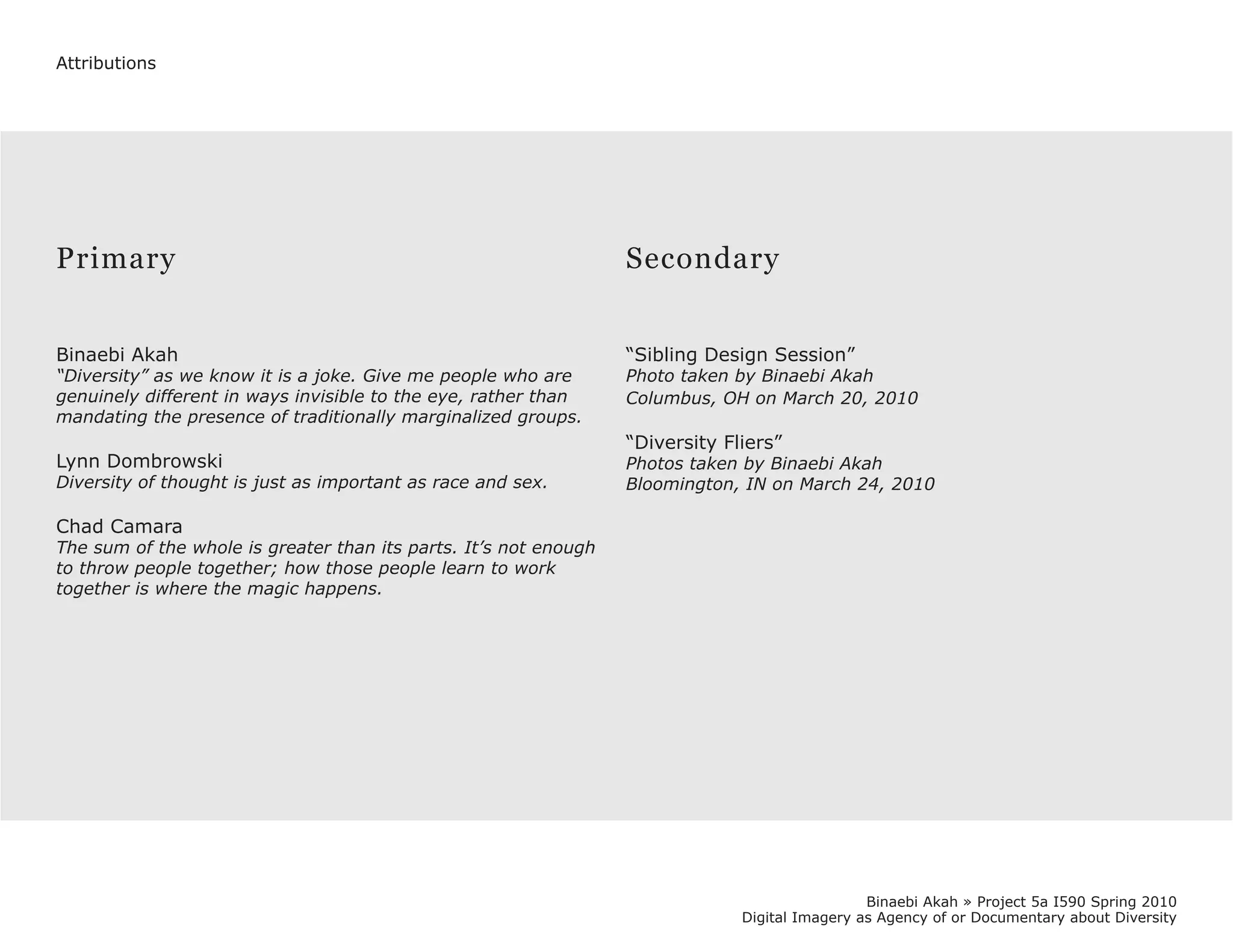 Attributions




Primary                                                           Secondary


Binaebi Akah                                                      “Sibling Design Session”
“Diversity” as we know it is a joke. Give me people who are       Photo taken by Binaebi Akah
genuinely different in ways invisible to the eye, rather than     Columbus, OH on March 20, 2010
mandating the presence of traditionally marginalized groups.
                                                                  “Diversity Fliers”
Lynn Dombrowski                                                   Photos taken by Binaebi Akah
Diversity of thought is just as important as race and sex.        Bloomington, IN on March 24, 2010

Chad Camara
The sum of the whole is greater than its parts. It’s not enough
to throw people together; how those people learn to work
together is where the magic happens.




                                                                                                Binaebi Akah » Project 5a I590 Spring 2010
                                                                               Digital Imagery as Agency of or Documentary about Diversity
 