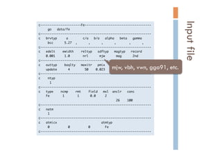 c----------------------Fe------------------------------------

	 	 	 	 	 go	 	 	 data/fe

c------------------------------------------------------------

c	 	 	 brvtyp	 	 	 	 	 a	 	 	 	 	 	 	 	 c/a	 	 	 b/a	 	 	 alpha	 	 	 beta	 	 	 gamma

	 	 	 	 	 bcc	 	 	 	 	 	 5.27	 	 ,	 	 	 	 	 	 ,	 	 	 	 	 	 ,	 	 	 	 	 	 ,	 	 	 	 	 	 	 ,	 	 	 	 	 	 ,

c------------------------------------------------------------

c	 	 	 edelt	 	 	 	 ewidth	 	 	 	 reltyp	 	 	 sdftyp	 	 	 magtyp	 	 	 record

	 	 	 	 0.001	 	 	 	 	 1.0	 	 	 	 	 	 	 nrl	 	 	 	 	 	 mjw	 	 	 	 	 	 mag	 	 	 	 	 	 2nd

c------------------------------------------------------------

c	 	 	 outtyp	 	 	 	 bzqlty	 	 	 maxitr	 	 	 pmix

	 	 	 	 update	 	 	 	 	 	 4	 	 	 	 	 	 	 	 50	 	 	 	 0.023

c------------------------------------------------------------

c	 	 	 	 ntyp

	 	 	 	 	 	 1

c------------------------------------------------------------

c	 	 	 type	 	 	 	 ncmp	 	 	 	 rmt	 	 	 	 field	 	 	 mxl	 	 anclr	 	 	 conc

	 	 	 	 Fe	 	 	 	 	 	 	 1	 	 	 	 	 	 	 1	 	 	 	 	 	 0.0	 	 	 	 	 2

	 	 	 	 	 	 	 	 	 	 	 	 	 	 	 	 	 	 	 	 	 	 	 	 	 	 	 	 	 	 	 	 	 	 	 	 	 	 	 	 	 	 26	 	 	 	 100

c------------------------------------------------------------

c	 	 	 natm

	 	 	 	 	 1

c------------------------------------------------------------

c	 	 	 atmicx	 	 	 	 	 	 	 	 	 	 	 	 	 	 	 	 	 	 	 	 	 	 	 	 atmtyp

	 	 	 	 	 0	 	 	 	 	 	 	 	 	 	 0	 	 	 	 	 	 	 	 	 	 0	 	 	 	 	 	 	 	 Fe

c------------------------------------------------------------

Inputfile	
mjw, vbh, vwn, gga91, etc.
 
