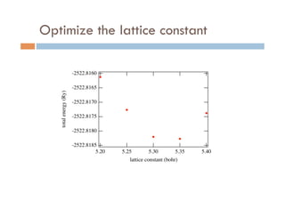 Optimize the lattice constant	
-2522.8185
-2522.8180
-2522.8175
-2522.8170
-2522.8165
-2522.8160
totalenergy(Ry)
5.405.355.305.255.20
lattice constant (bohr)
 