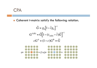 CPA
n  Coherent t-matrix satisfy the following relation.
€
˜G = g0 1− ˜tg0[ ]
−1
GA(B)
= ˜G 1− (tA(B) − ˜t) ˜G[ ]
−1
cGA
+ (1− c)GB
= ˜G
c× 　 + (1-c)× =
 