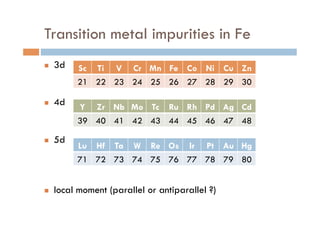 Transition metal impurities in Fe	
n  3d
n  4d
n  5d
n  local moment (parallel or antiparallel ?)	
Sc	
 Ti	
 V	
 Cr	
 Mn	
 Fe	
 Co	
 Ni	
 Cu	
 Zn	
21	
 22	
 23	
 24	
 25	
 26	
 27	
 28	
 29	
 30	
Y	
 Zr	
 Nb	
 Mo	
 Tc	
 Ru	
 Rh	
 Pd	
 Ag	
 Cd	
39	
 40	
 41	
 42	
 43	
 44	
 45	
 46	
 47	
 48	
Lu	
 Hf	
 Ta	
 W	
 Re	
 Os	
 Ir	
 Pt	
 Au	
 Hg	
71	
 72	
 73	
 74	
 75	
 76	
 77	
 78	
 79	
 80	
 