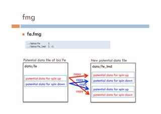 copy	
copy	
fmg	
n  fe.fmg	
../data/fe	 	 	 	 	 	 1	 	 

../data/fe_lmd	 	 1	 -1

data/fe
potential data for spin up	
potential data for spin down	
Potential data file of bcc Fe	
data/fe_lmd
potential data for spin up	
potential data for spin down	
New potential data file	
potential data for spin up	
potential data for spin down	
copy	
copy	
 