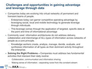 Challenges and opportunities in gaining advantage
and leverage through data
   Companies today are evolving into virtual networks of permanent and
    transient teams of people.
     ̶   Enterprises today can garner competitive operating advantage by
         leveraging social, local and mobile technology to generate leverage
         through individuals
     ̶   This leverage comes through the application of targeted, specific data at
         the point and time of informational advantage
   Commonly used information architectures do not address delivery,
    collaboration and interchange of ALL-types of information across networks of
    people as a core principle.
     ̶   Knowledge workers create, analyze, manage, decide, evaluate, and
         synthesize information of all types as their dominant activity throughout
         the enterprise.
   Solving the Right Problems – Companies must address two fundamental
    activities that intersect their daily routine:
     ̶   Collaboration, communication and information sharing
     ̶   Making sense of information - separating noise from the constant stream

                                                                                     2
 
