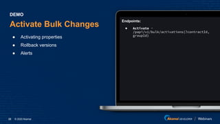 © 2020 Akamai23
Endpoints:
● Activate -
/papi/v1/bulk/activations{?contractId,
groupId}
Activate Bulk Changes
● Activating properties
● Rollback versions
● Alerts
DEMO
 