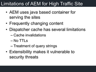 Limitations of AEM for High Traffic Site
•  AEM uses java based container for
serving the sites
•  Frequently changing content
•  Dispatcher cache has several limitations
– Cache invalidations
– No TTLs
– Treatment of query strings
•  Extensibility makes it vulnerable to
security threats
 