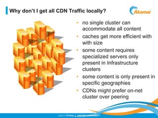 ©2012 AKAMAI | FASTER FORWARDTM
•  no single cluster can
accommodate all content
•  caches get more efficient with
with size
•  some content requires
specialized servers only
present in Infrastructure
clusters
•  some content is only present in
specific geographies
•  CDNs might prefer on-net
cluster over peering
Why don’t I get all CDN Traffic locally?
 