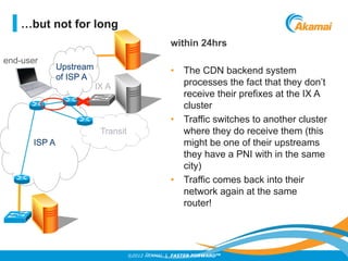 ©2012 AKAMAI | FASTER FORWARDTM
…but not for long
within 24hrs
•  The CDN backend system
processes the fact that they don’t
receive their prefixes at the IX A
cluster
•  Traffic switches to another cluster
where they do receive them (this
might be one of their upstreams
they have a PNI with in the same
city)
•  Traffic comes back into their
network again at the same
router!
Upstream
of ISP A
end-user
Transit
ISP A
IX A
 