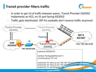 ©2012 AKAMAI | FASTER FORWARDTM
Transit provider filters traffic
•  In order to get rid of traffic between peers, Transit Provider AS2002
implements an ACL on IX port facing AS3003
•  Traffic gets blackholed, ISP A’s eyeballs don’t receive traffic anymore!
ISP A
AS1001
CDN
AS20940
Transit Provider
AS2002
Transit Provider
AS3003
100.100.96.0/20
100.100.96.0/20
ACL
0.0.0.0/0
Transit Provider
AS4003
hostname AS2002-R1
!
interface TenGigabitEthernet1/1
ip access-group 101 out
!
access-list 101 deny ip any 100.100.100.0 0.0.0.255
access-list 101 deny ip any 100.100.99.0 0.0.0.255
access-list 101 permit ip any any
IX
Peering
 