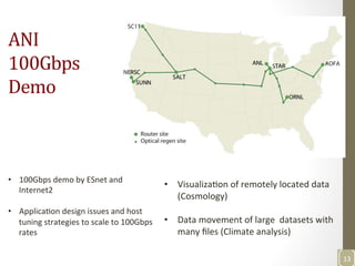 ANI	
  
100Gbps	
  
Demo	
  
•  100Gbps	
  demo	
  by	
  ESnet	
  and	
  
Internet2	
  	
  
	
  
•  ApplicaNon	
  design	
  issues	
  and	
  host	
  
tuning	
  strategies	
  to	
  scale	
  to	
  100Gbps	
  
rates	
  
	
  
•  VisualizaNon	
  of	
  remotely	
  located	
  data	
  
(Cosmology)	
  
	
  
•  Data	
  movement	
  of	
  large	
  	
  datasets	
  with	
  
many	
  ﬁles	
  (Climate	
  analysis)	
  
	
  
13	
  
 