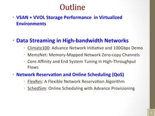 Outline	
  	
  
•  VSAN	
  +	
  VVOL	
  Storage	
  Performance	
  	
  in	
  Virtualized	
  
Environments	
  
	
  
•  Data	
  Streaming	
  in	
  High-­‐bandwidth	
  Networks	
  
•  Climate100:	
  Advance	
  Network	
  IniNaNve	
  and	
  100Gbps	
  Demo	
  
•  MemzNet:	
  Memory-­‐Mapped	
  Network	
  Zero-­‐copy	
  Channels	
  	
  
•  Core	
  Aﬃnity	
  and	
  End	
  System	
  Tuning	
  in	
  High-­‐Throughput	
  
Flows	
  
•  Network	
  Reserva>on	
  and	
  Online	
  Scheduling	
  (QoS)	
  
•  FlexRes:	
  A	
  Flexible	
  Network	
  ReservaNon	
  Algorithm	
  
•  SchedSim:	
  Online	
  Scheduling	
  with	
  Advance	
  Provisioning	
  	
  
	
  
5	
  
 