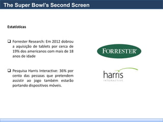 The Super Bowl’s Second Screen


 Estatísticas


  Forrester Research: Em 2012 dobrou
   a aquisição de tablets por cerca de
   19% dos americanos com mais de 18
   anos de idade


  Pesquisa Harris Interactive: 36% por
   cento das pessoas que pretendem
   assistir ao jogo também estarão
   portando dispositivos móveis.
 
