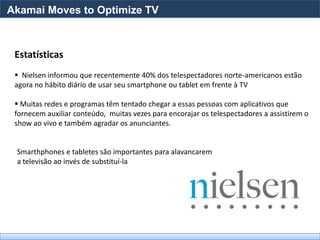 Akamai Moves to Optimize TV



 Estatísticas
  Nielsen informou que recentemente 40% dos telespectadores norte-americanos estão
 agora no hábito diário de usar seu smartphone ou tablet em frente à TV

  Muitas redes e programas têm tentado chegar a essas pessoas com aplicativos que
 fornecem auxiliar conteúdo, muitas vezes para encorajar os telespectadores a assistirem o
 show ao vivo e também agradar os anunciantes.


 Smarthphones e tabletes são importantes para alavancarem
 a televisão ao invés de substituí-la
 