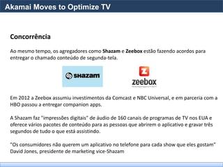 Akamai Moves to Optimize TV


 Concorrência
 Ao mesmo tempo, os agregadores como Shazam e Zeebox estão fazendo acordos para
 entregar o chamado conteúdo de segunda-tela.




 Em 2012 a Zeebox assumiu investimentos da Comcast e NBC Universal, e em parceria com a
 HBO passou a entregar companion apps.

 A Shazam faz "impressões digitais" de áudio de 160 canais de programas de TV nos EUA e
 oferece vários pacotes de conteúdo para as pessoas que abrirem o aplicativo e gravar três
 segundos de tudo o que está assistindo.

 "Os consumidores não querem um aplicativo no telefone para cada show que eles gostam”
 David Jones, presidente de marketing vice-Shazam
 