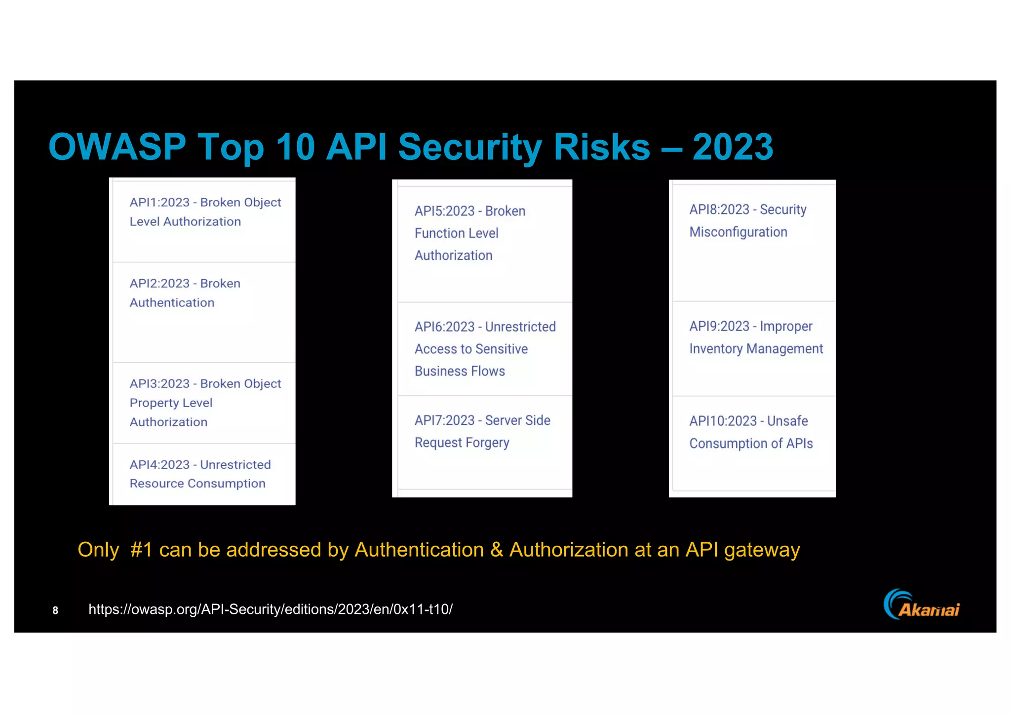 8
OWASP Top 10 API Security Risks – 2023
https://owasp.org/API-Security/editions/2023/en/0x11-t10/ 8
Only #1 can be addressed by Authentication & Authorization at an API gateway
 