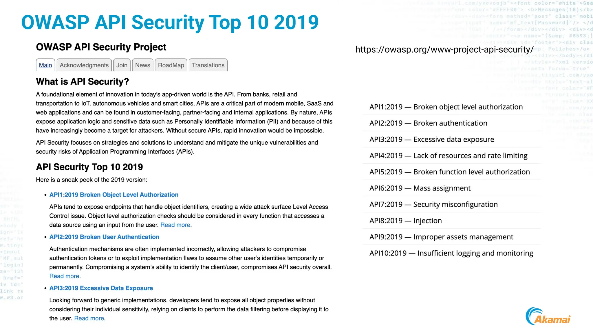 © 2024 Akamai
12
OWASP API Security Top 10 2019
https://owasp.org/www-project-api-security/
 